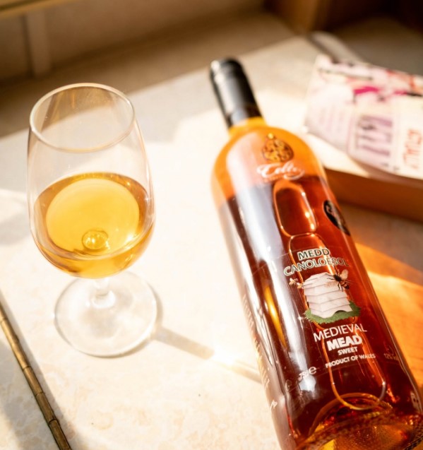 Celtic Country Wines medieval mead with glass